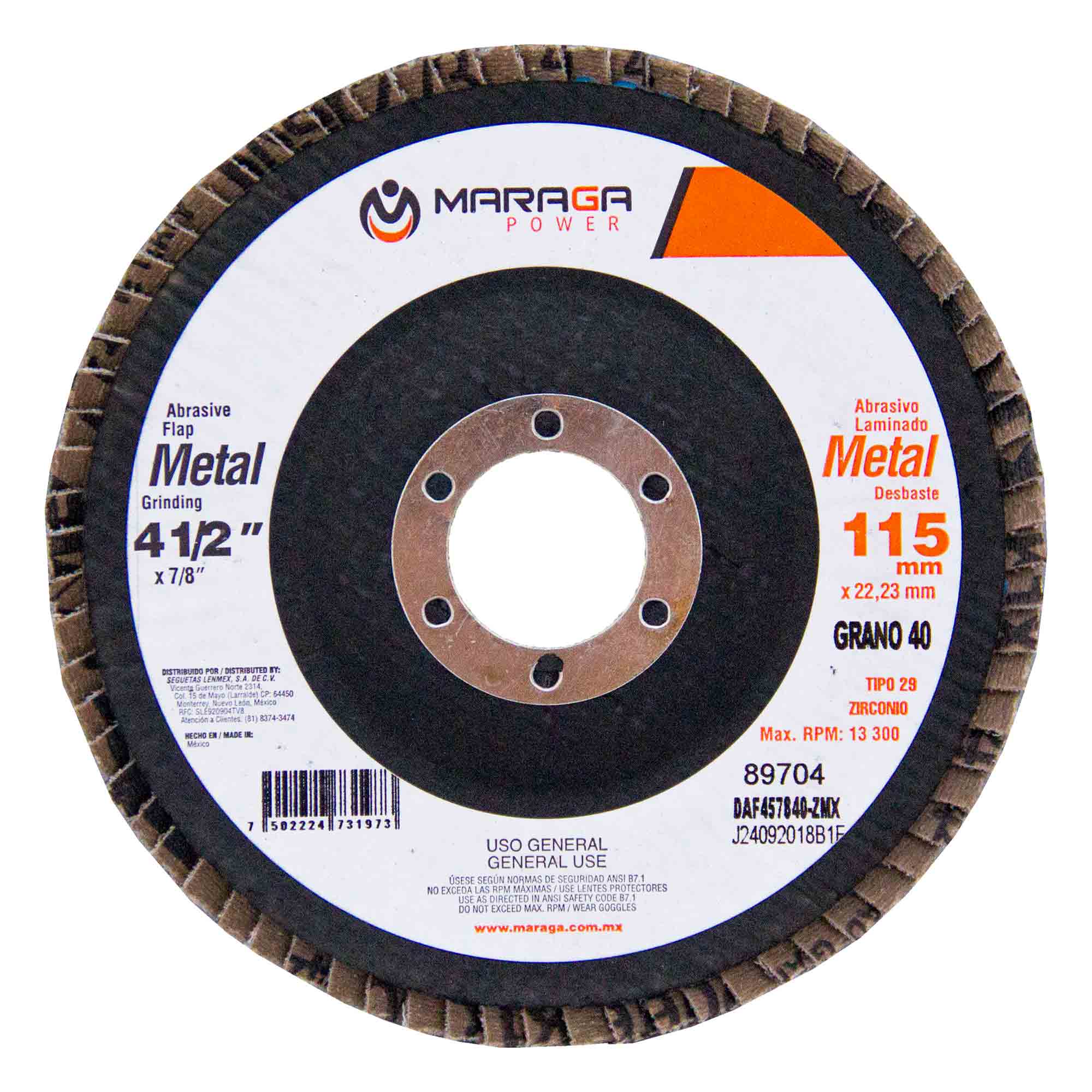 MARAGA-DAF457840-ZMX / DAF457840-ZMX Disco Abrasivo Metal 4-1/2" Eje 7/8" Grano 40 Zirconio Disco de Desbaste Uso Profesional de 4-1/2 Eje 7/8 Pulgadas Grano 40 Maraga