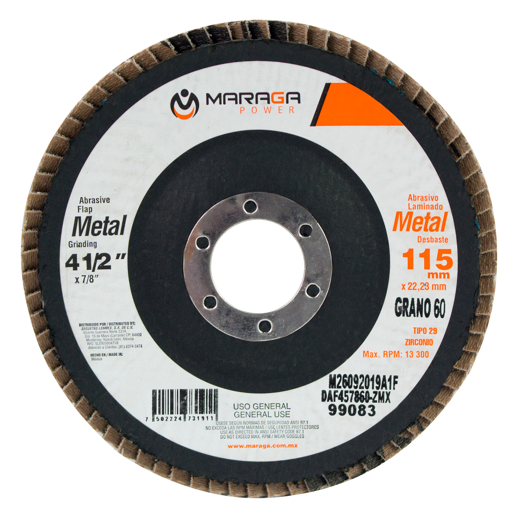 MARAGA-DAF457860-ZMX / DAF457860-ZMX Disco Abrasivo Metal 4-1/2" Eje 7/8" Grano 60 Zirconio Disco de Desbaste Uso Profesional de 4-1/2 Eje 7/8 Pulgadas Grano 60 Maraga