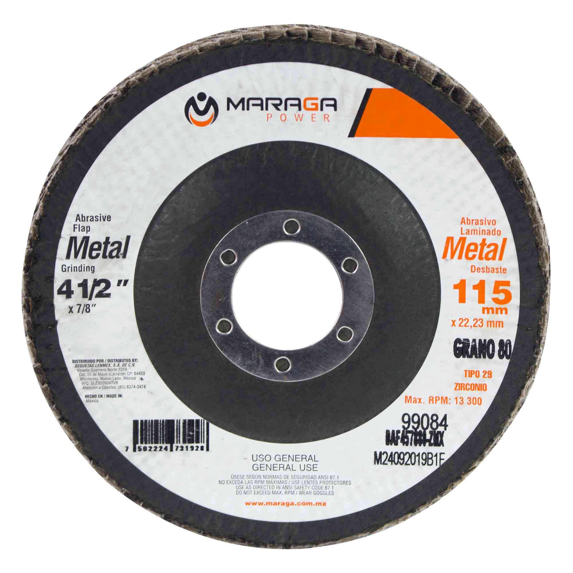 MARAGA-DAF457880-ZMX / DAF457880-ZMX Disco Abrasivo Metal 4-1/2" Eje 7/8" Grano 80 Zirconio Disco de Desbaste Uso Profesional de 4-1/2 Eje 7/8 Pulgadas Grano 80 Maraga