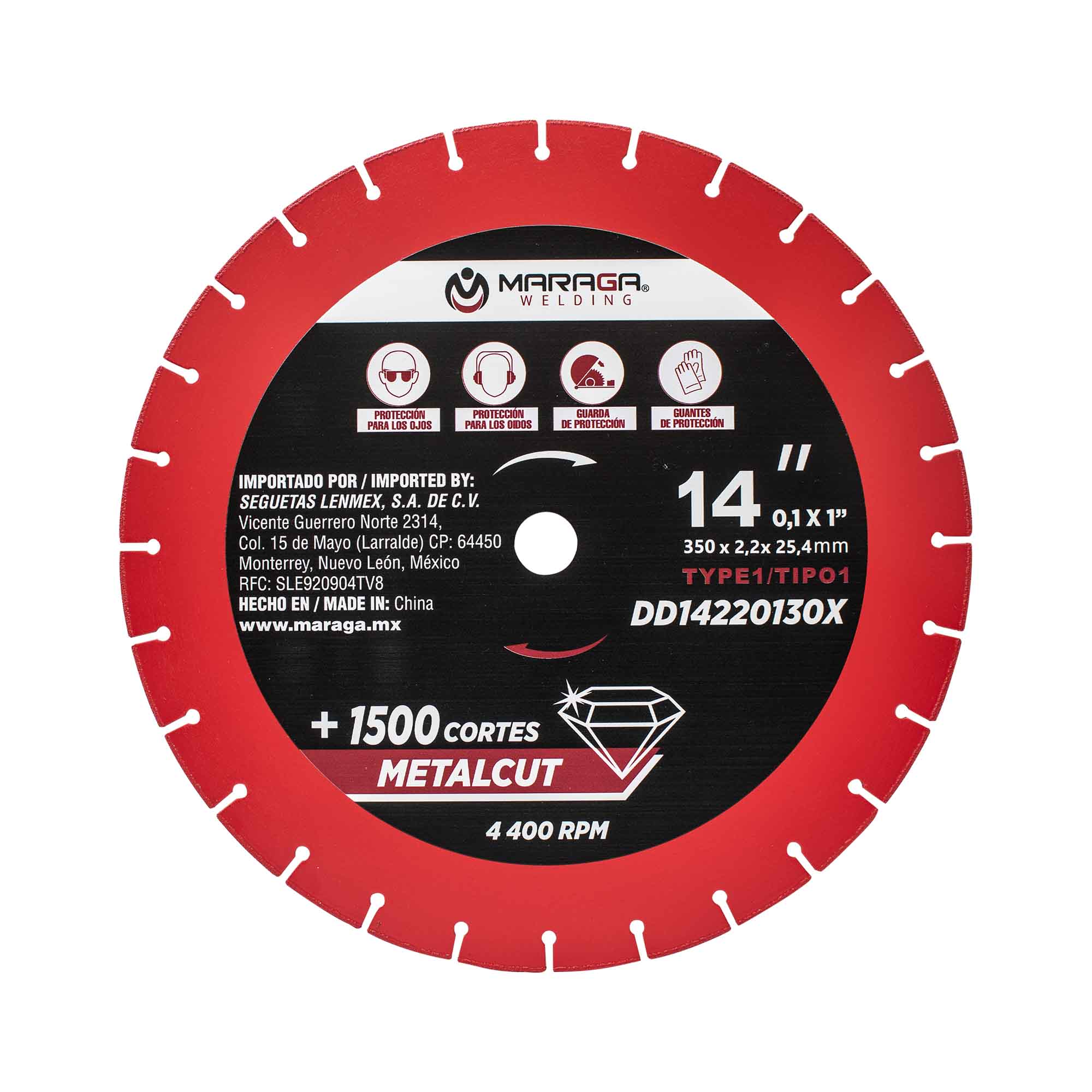 MARAGA-DD14220130X / DD14220130X Disco Corte Metal 14” Diamante Industrial METALCUT Alta Duración +1500 Cortes 4400 RPM DISCO DE CORTE DE DIAMANTE 14 PULGADAS METALCUT MARAGA