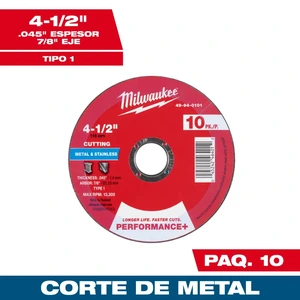 Disco de corte para metal Performance+ 4-1/2" x .045" x 7/8" – Tipo 1 – Paquete de 10 Milwaukee 49-94-0101
