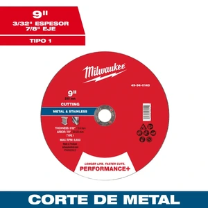 MILWAUKEE-49940143 / 49940143 Disco de corte para metal Performance+ 9" x 3/32" x 7/8" – Tipo 1 Milwaukee 49-94-0143
