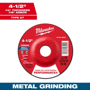 Disco de desbaste para metal Performance+ 4-1/2" x 1/4" x 7/8" – Tipo 27 Milwaukee 49-94-0603