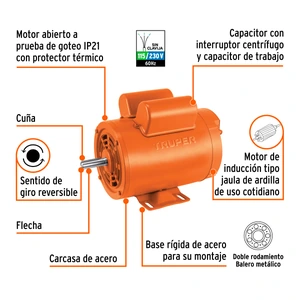 Truper Motor eléctrico monofásico de 1 1/2 HP, baja velocidad