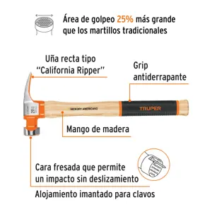 Martillo 20 oz uña recta tipo California Ripper, Truper Grip