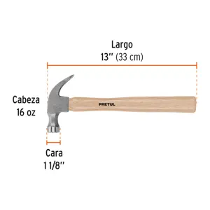 Martillo semipulido, 16 oz, uña curva, PRETUL