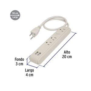 Volteck Multicontacto 16 AWG 3 entradas 2 puertos USB supresor 300 J