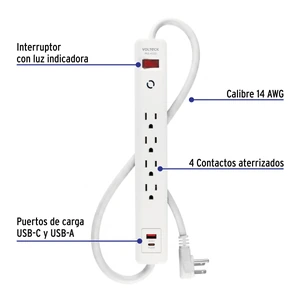 Multicontacto 4 entradas, 1 USB A + 1 USB C, blanco, VOLTECK