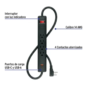 Multicontacto 4 entradas, 1 USB A + 1 USB C, negro, VOLTECK