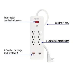 Multicontacto 6 entradas, 2 USB A + 2 USB C, blanco, VOLTECK