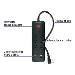 Multicontacto 6 entradas, 2 USB A + 2 USB C, negro, VOLTECK