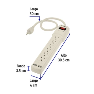 Volteck Multicontacto 16 AWG 6 entradas 2 ptos. USB sup. 150J marfil