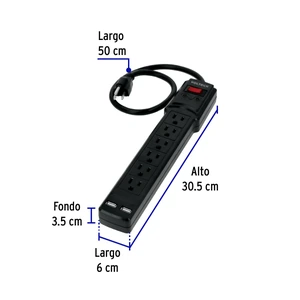 Volteck Multicontacto 16 AWG 6 entradas 2 ptos. USB sup. 150J, negro