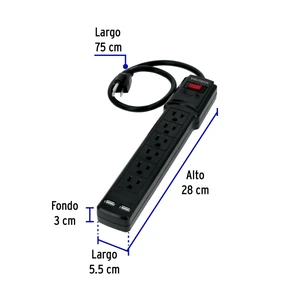 Volteck Multicontacto 14 AWG 6 ent., sup. de picos 450 joules, negro