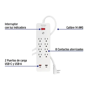 Multicontacto 8 entradas, 2 USB A + 2 USB C, blanco, VOLTECK
