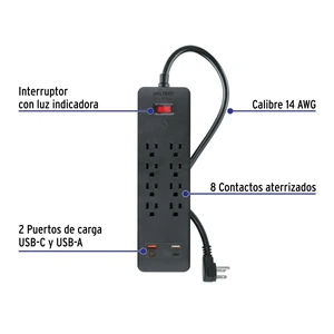 Multicontacto 8 entradas, 2 USB A + 2 USB C, negro, VOLTECK