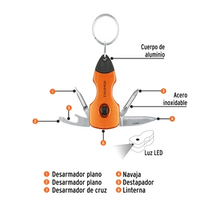 Multiherramienta 6 funciones, con LED, tipo llavero, Truper