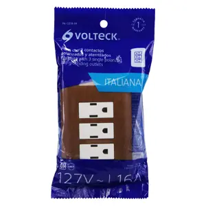 Volteck Placa armada 3 contactos aterrizados, madera, línea Italiana
