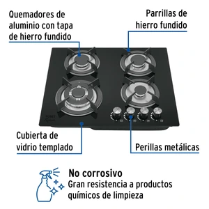 Foset Parrilla gas empotrable 60cm, 4 quem, vidrio negro, Riviera