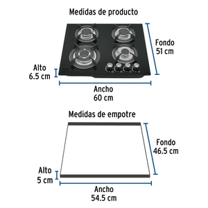 Foset Parrilla gas empotrable 60cm, 4 quem, vidrio negro, Riviera