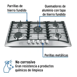 Foset Parrilla gas empotrable 90cm, 5 quem, acero inox, Riviera