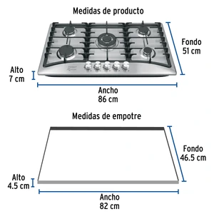 Foset Parrilla gas empotrable 90cm, 5 quem, acero inox, Riviera