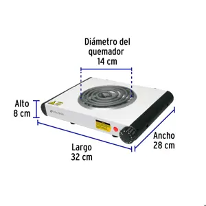 Parrilla eléctrica 1 quemador en espiral, blanca, VOLTECK