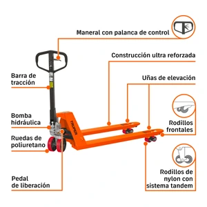Patín traspaleta 2.5 ton con ruedas de poliuretano, Truper