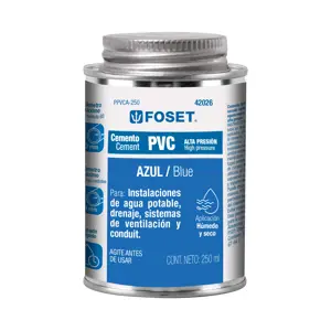 Cemento azul para PVC en bote de 250 ml, alta presión, Foset