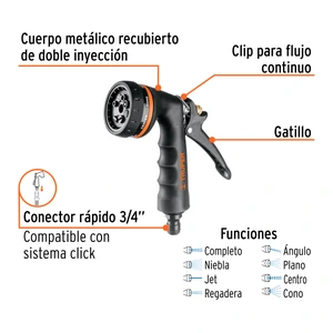 Truper Pistola para riego de 8 funciones metálica con recubrimiento