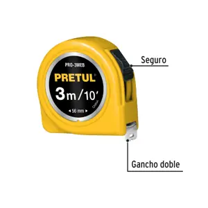 21605 / PRO-3MEB Flexómetro amarillo 3 m cinta 13 mm, en tarjeta, Pretul