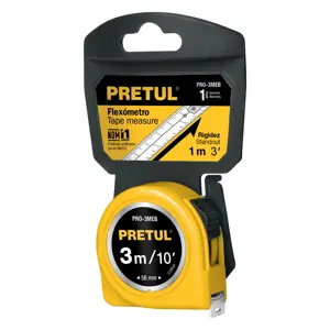 21605 / PRO-3MEB Flexómetro amarillo 3 m cinta 13 mm, en tarjeta, Pretul
