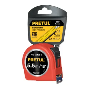 28024 / PRO-55MEB-R Flexómetro verde 5.5 m cinta 25 mm, en tarjeta, Pretul
