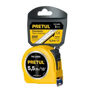 28022 / PRO-55MEB Flexómetro amarillo 5.5 m cinta 25 mm, en tarjeta, Pretul