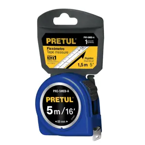 21610 / PRO-5MEB-A Flexómetro azul 5 m cinta 19 mm, en tarjeta, Pretul