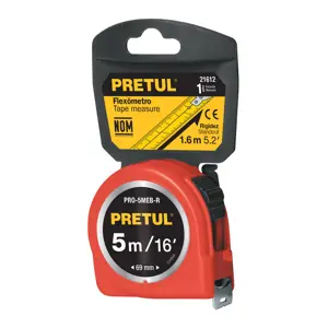 21606 / PRO-5MEB Flexómetro amarillo 5 m cinta 19 mm, en tarjeta, Pretul