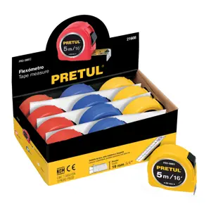 21608 / PRO-5MEC Flexómetro 5 m cinta 19 mm, display box con 12 pzas, Pretul
