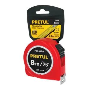 Flexómetro amarillo 8 m cinta 25 mm, en tarjeta, Pretul