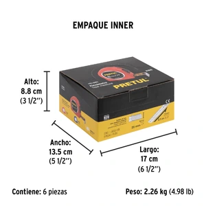 Flexómetro 8 m cinta 25 mm, display box con 6 pzas, PRETUL