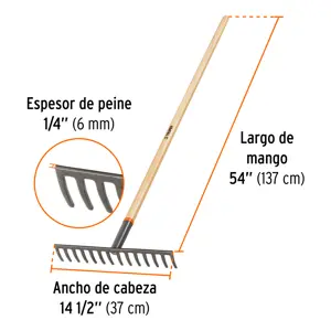 Rastrillo recto de 14 dientes, mango de 54