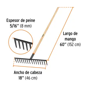 Rastrillo recto reforzado, 16 dientes, mango de 60
