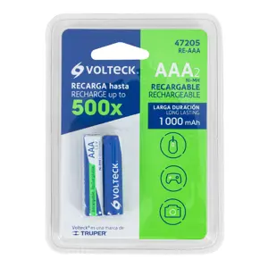 Volteck Blíster con 2 pilas recargables AAA larga duración, 1000 mAh