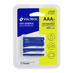 Volteck Blíster con 4 pilas recargables AAA uso general, 600 mAh