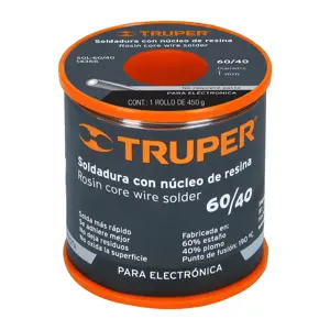 14366 / SOL-60/40 Truper Soldadura con núcleo resina 60/40, para electrónica, 450 g