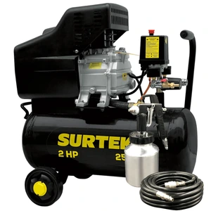Surtek-COMP425K / COMP425K Compresor de aire eléctrico lubricado con pistola y manguera 25L, 2HP, 127V Surtek