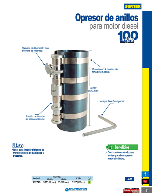 Surtek-107275 / 107275 TRUPER Opresor de anillos para motor de diésel 3 ...