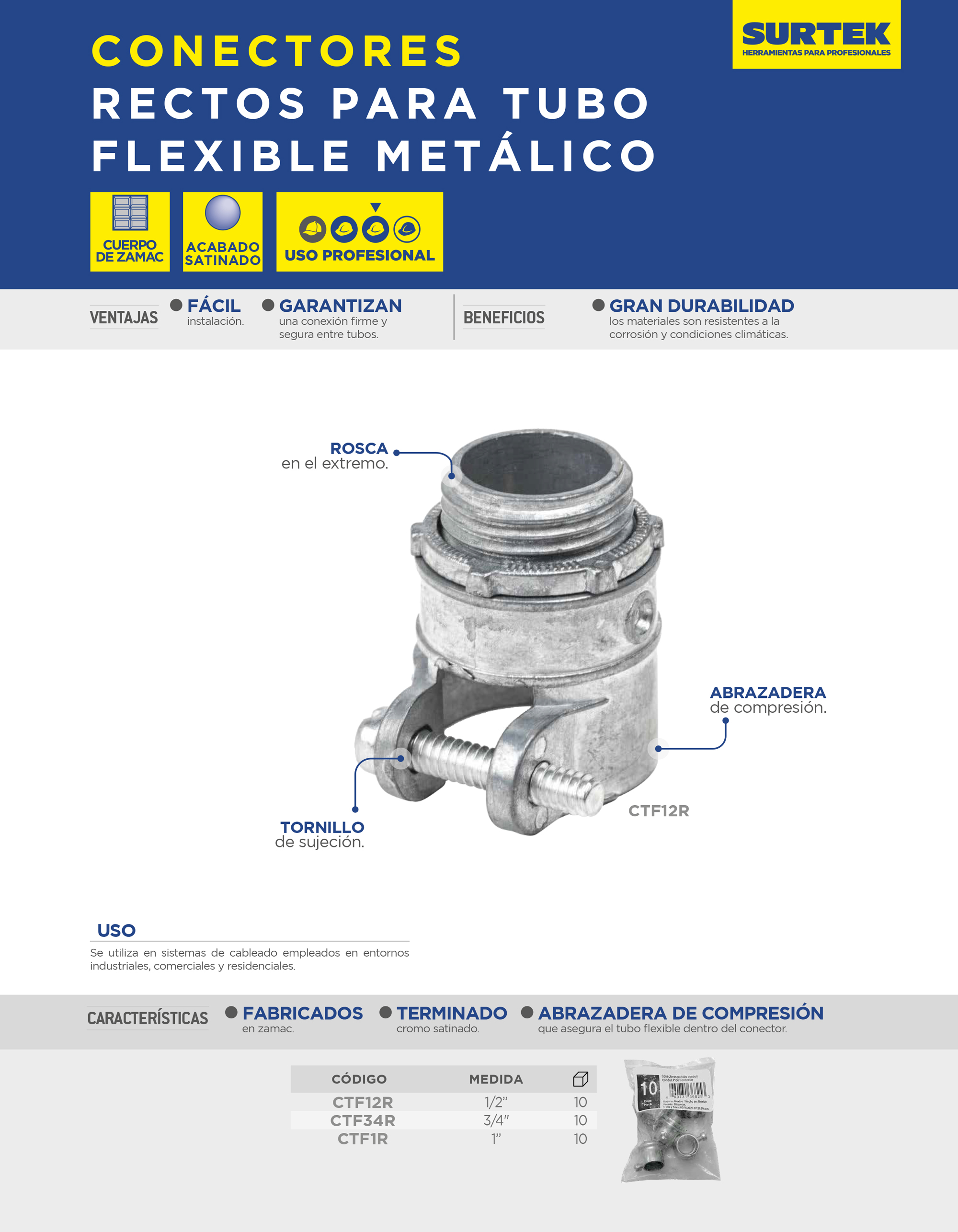 Conectores Rectos Surtek-CTF34R / CTF34R TRUPER Conector recto metálico para tubo ...