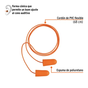 Tapón auditivo desechable de espuma con cordón, Truper