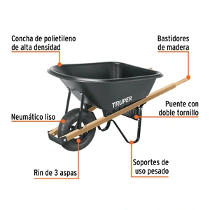 Carretilla concha plástica 6 ft3 Neumática b/madera, Truper