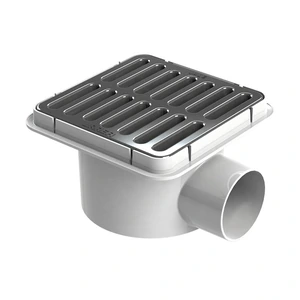 Coladera plástica cuadrada con salida lateral y rejilla cromada